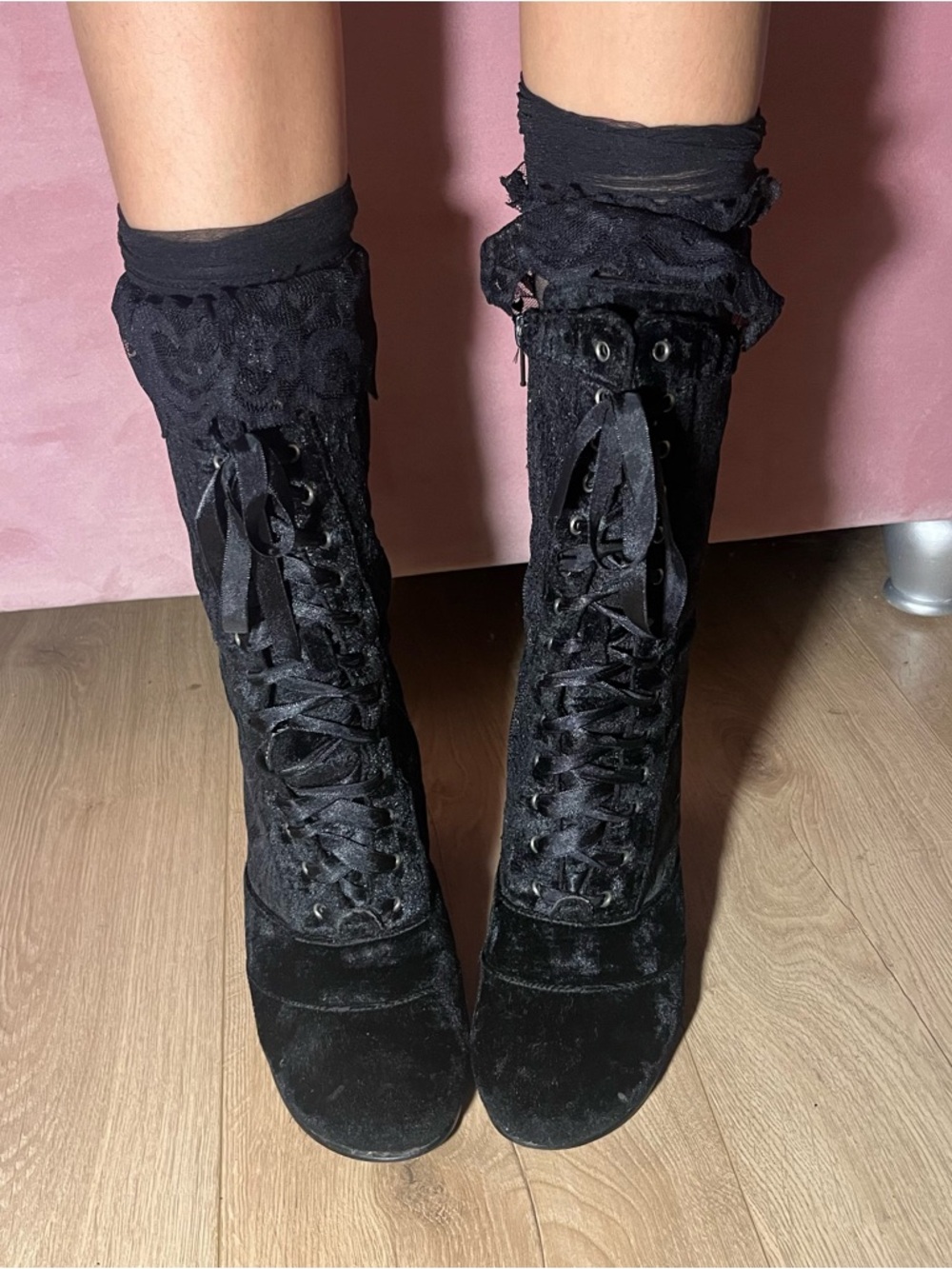 Amanda Smith Black Velvet Lace-Up Victorian Ankle Boots